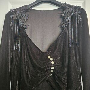 Black velvet long goth dress with beaded shoulders